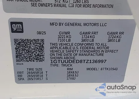 2026 GMC Sierra 1500 Slt z USA, uszkodzony, nr VIN 1GTUUDED8TZ136997